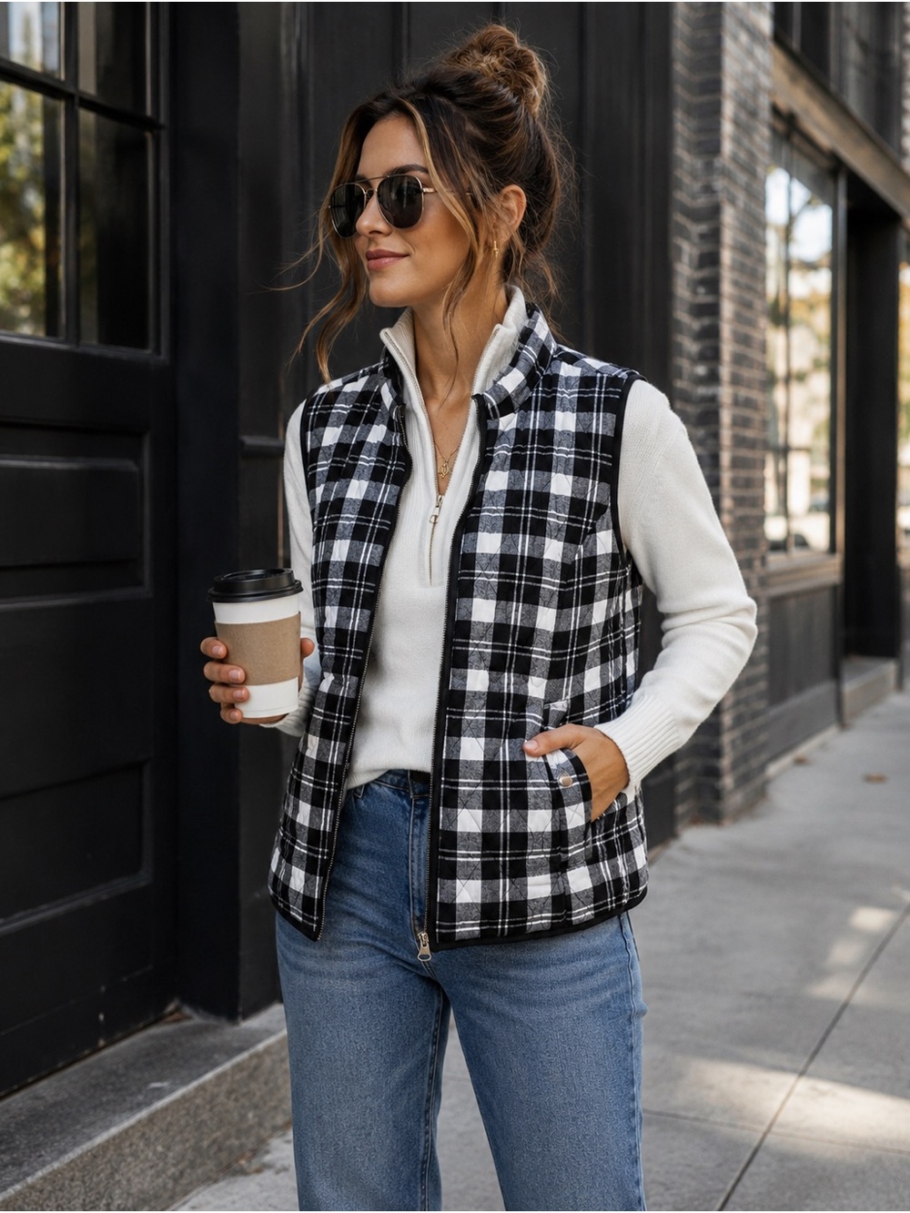 Croft & Barrow Petite Small Black White Plaid Quilted Puffer Vest